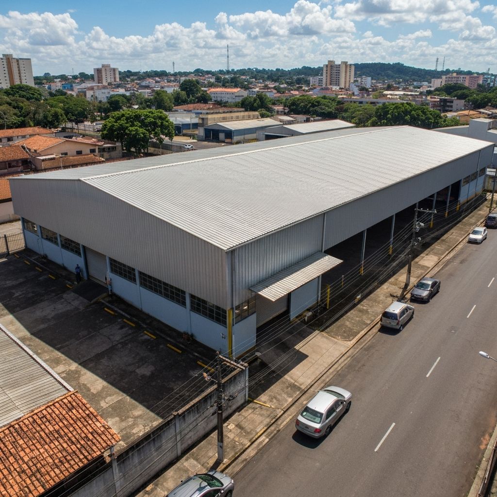 Galpão comercial com fachada simples e telhado metálico em área urbana brasileira