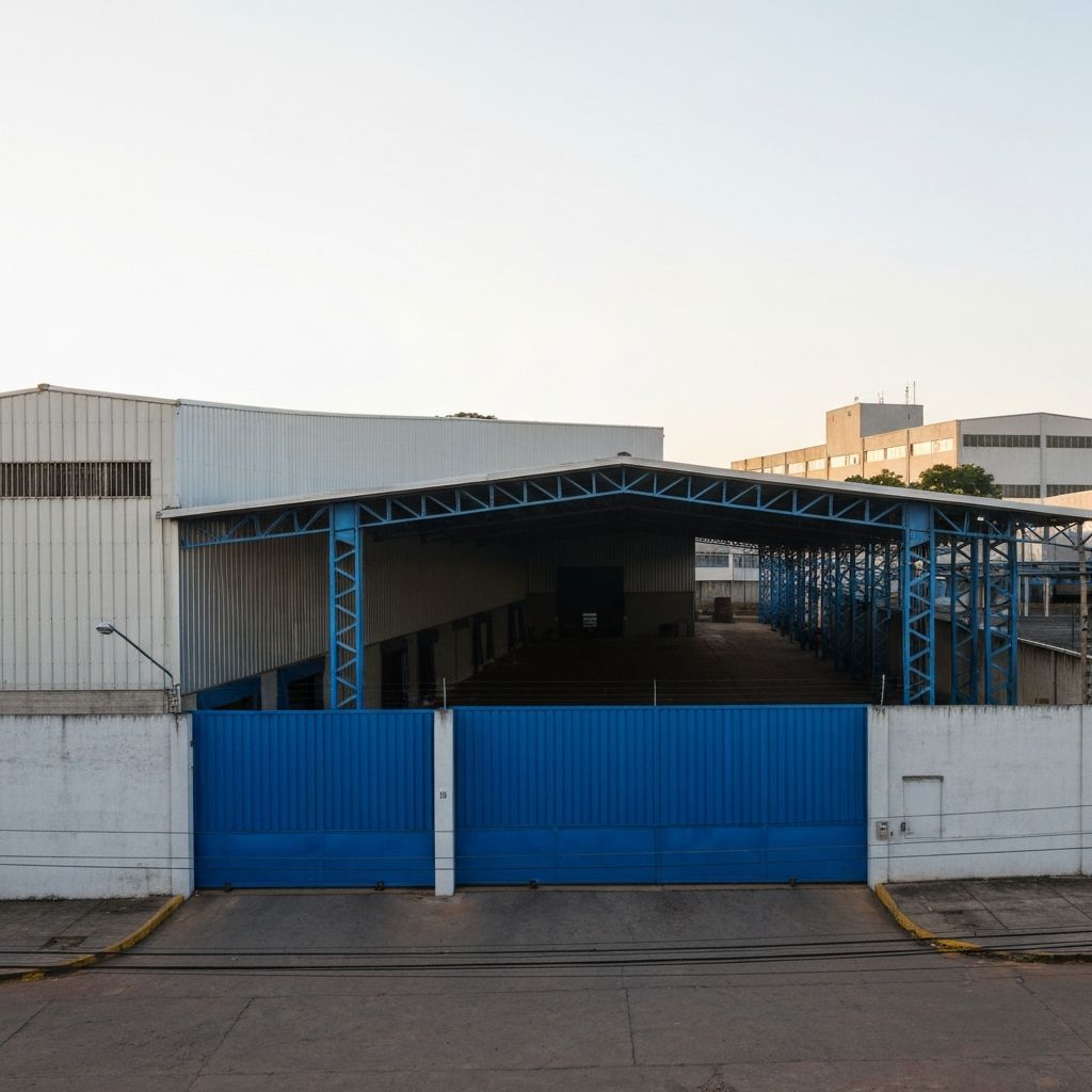 Galpão industrial médio no Brasil com estrutura metálica moderna e portões azuis
