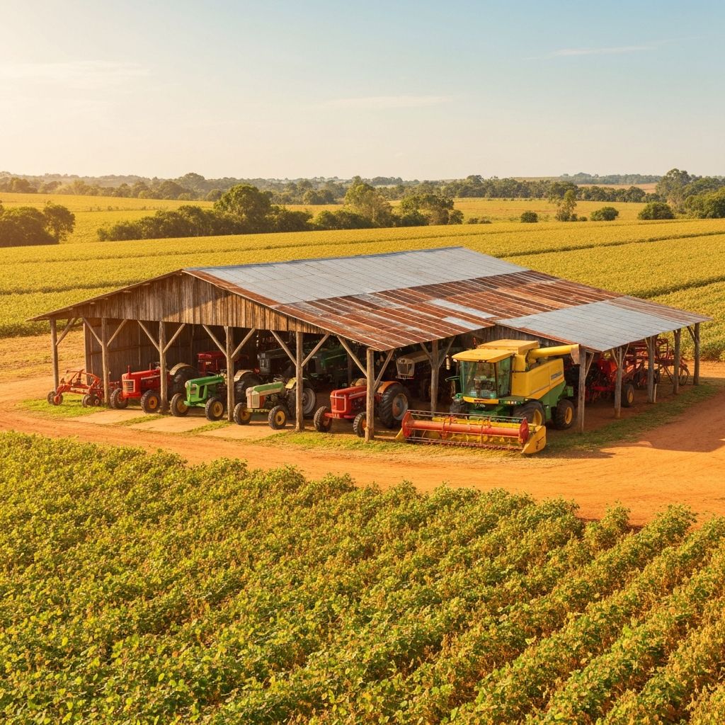 Galpão rural no Brasil com maquinário agrícola e ambiente ensolarado